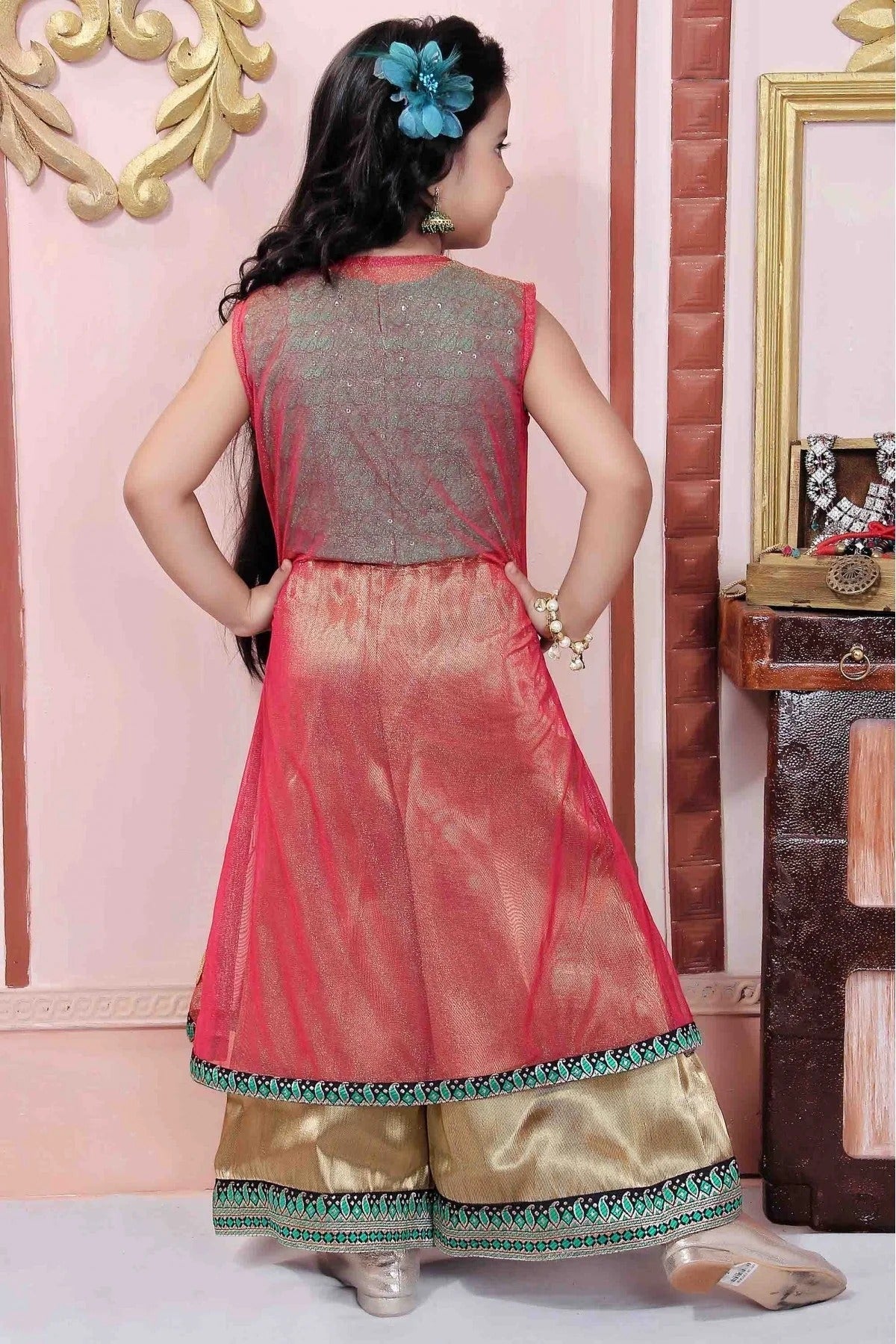 Pink and Green Colour Net Party Wear Palazzo Pant Suit GW1070012 A