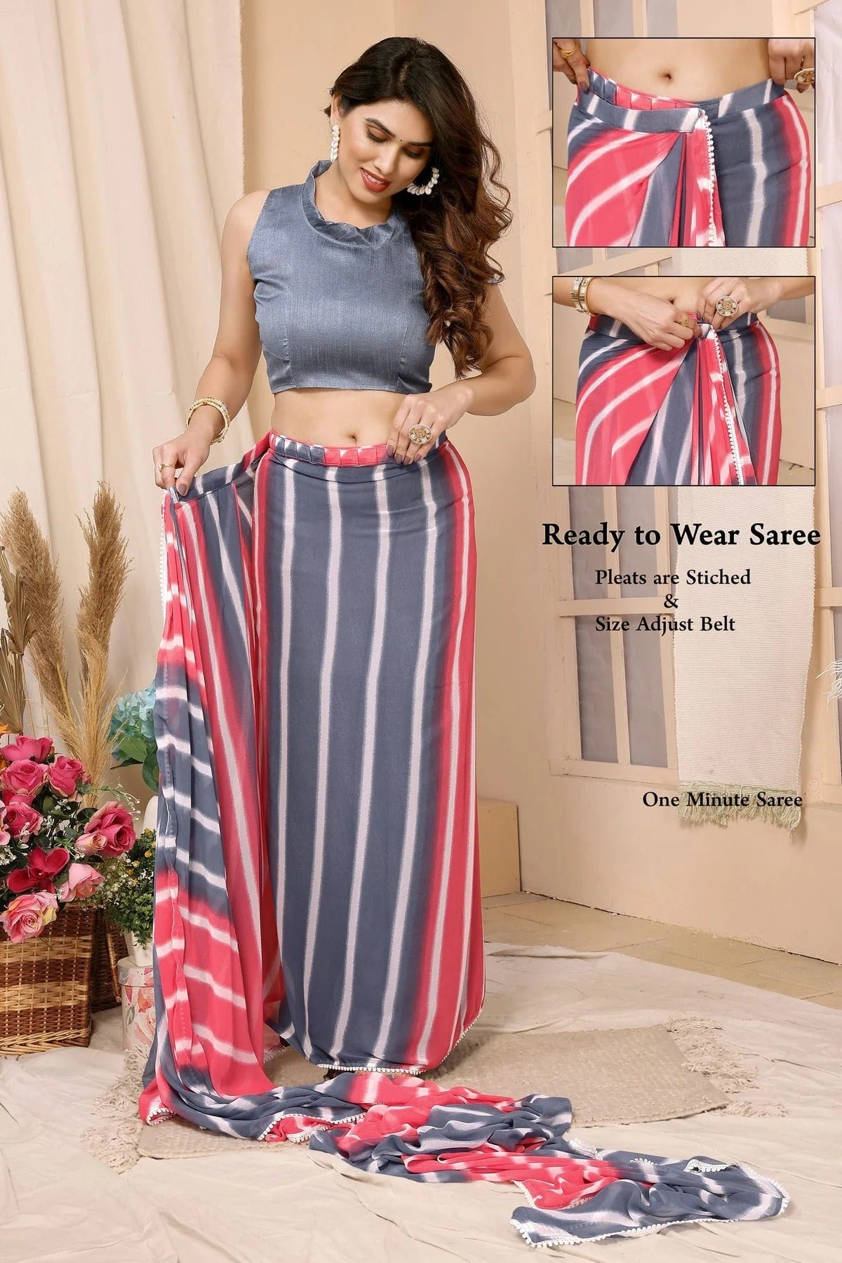 Pink and Grey Colour Georgette Ready To Wear Saree SD1180014 A