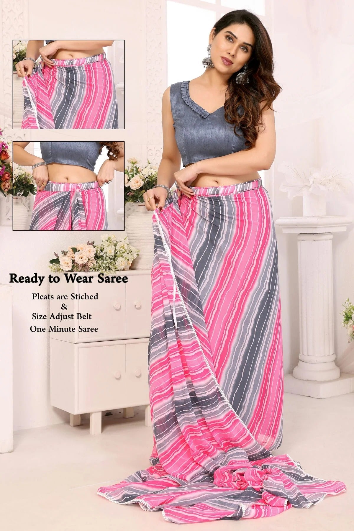 Pink and Grey Colour Georgette Ready To Wear Saree SD1180038 A