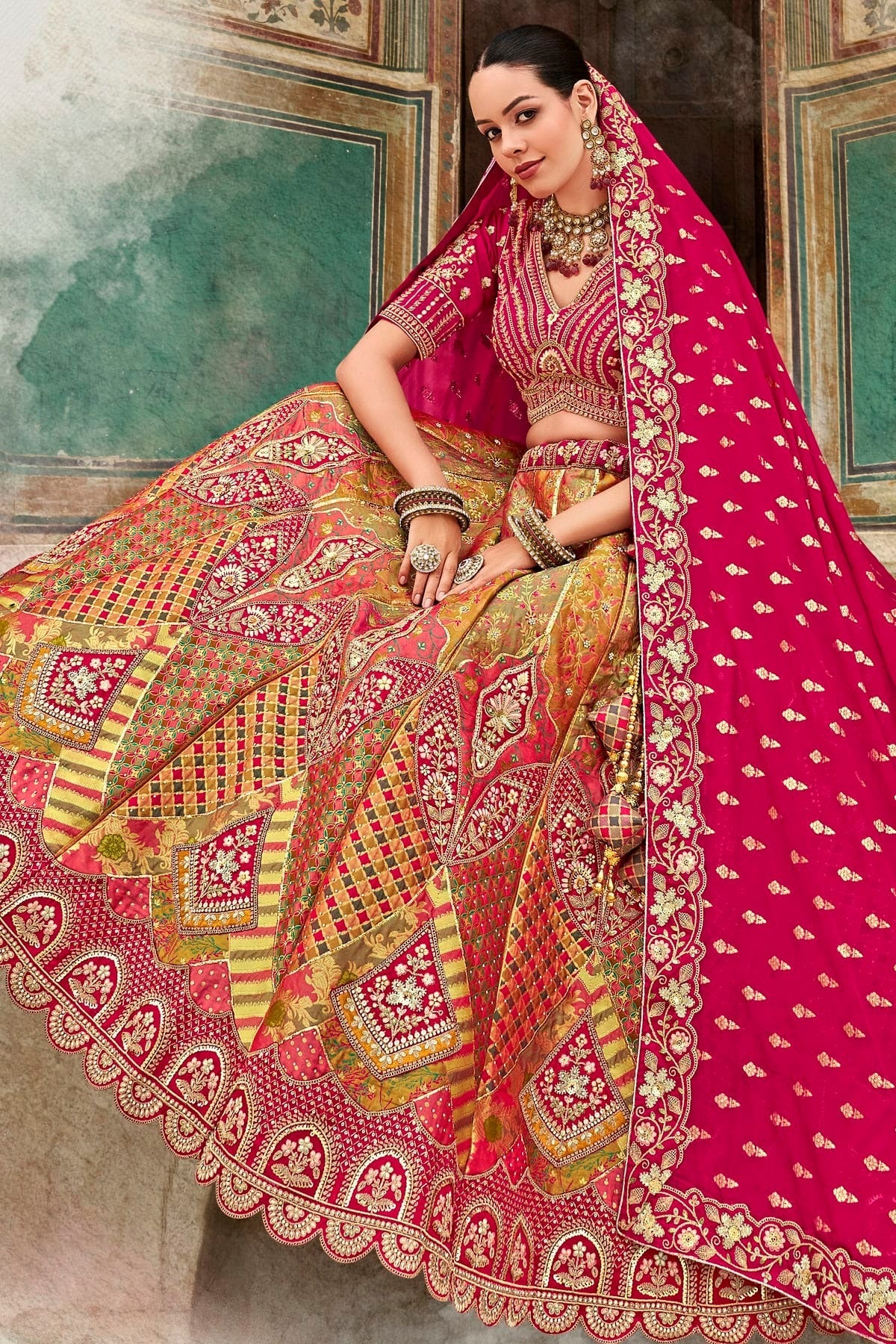 Pink and Light Green Colour Banarasi Silk Bridal Lehenga Choli LC1290096 A