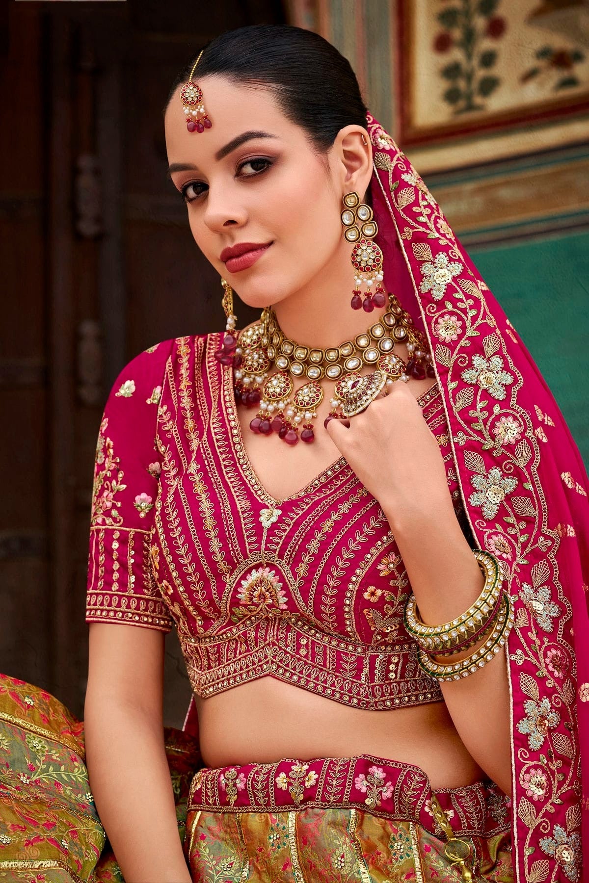 Pink and Light Green Colour Banarasi Silk Bridal Lehenga Choli LC1290096 B