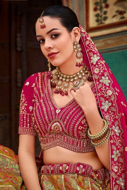 Pink and Light Green Colour Banarasi Silk Bridal Lehenga Choli LC1290096 B