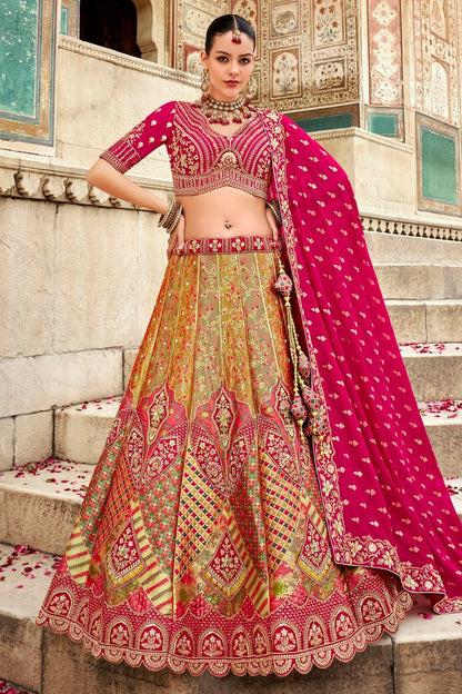 Pink and Light Green Colour Banarasi Silk Bridal Lehenga Choli LC1290096
