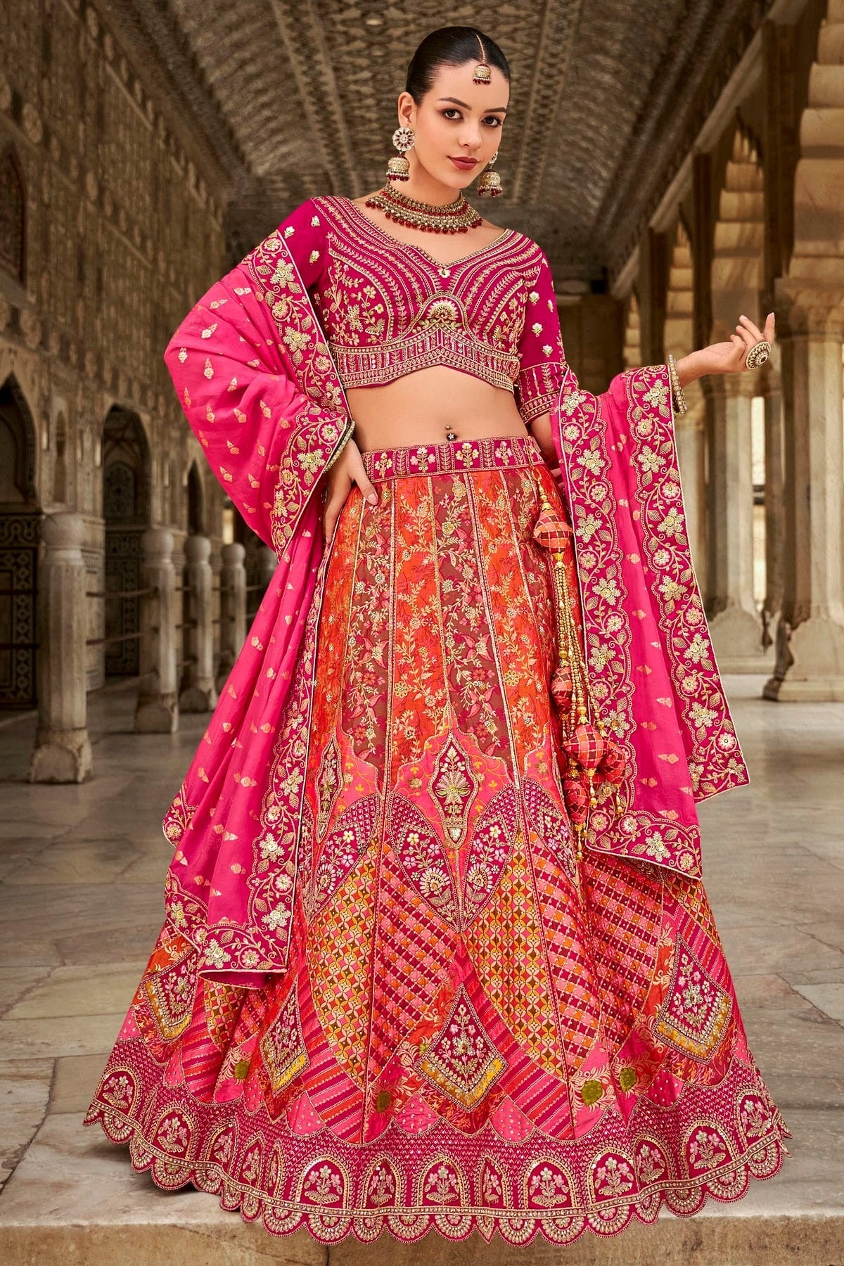 Pink and Orange Colour Banarasi Silk Bridal Lehenga Choli LC1290095 A
