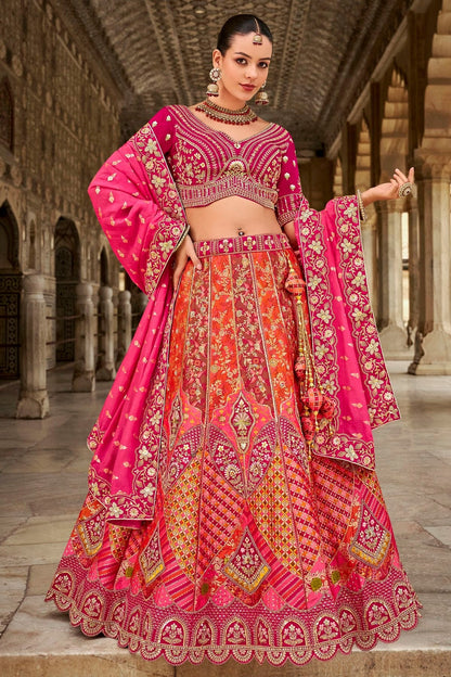 Pink and Orange Colour Banarasi Silk Bridal Lehenga Choli LC1290095 A