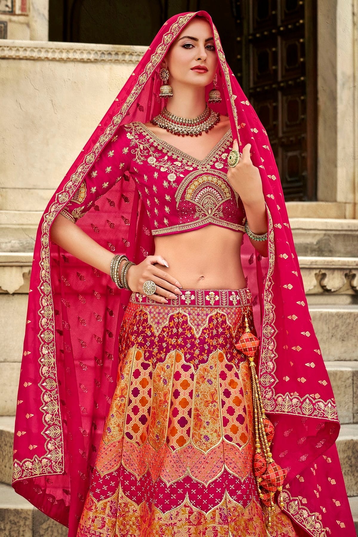 Pink and Orange Colour Banarasi Silk Bridal Lehenga Choli LC1290095 B