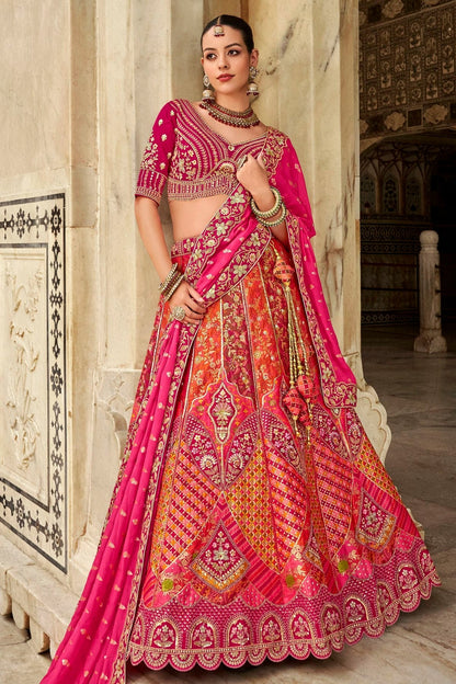Pink and Orange Colour Banarasi Silk Bridal Lehenga Choli LC1290095