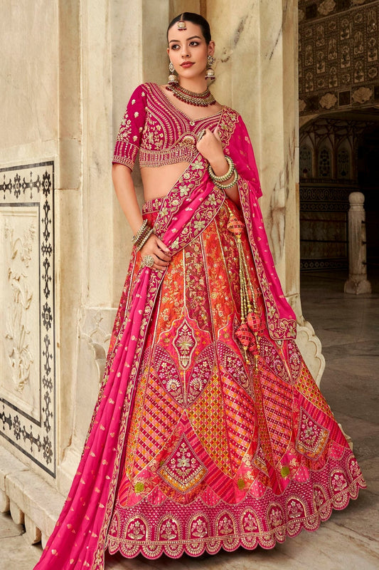 Pink and Orange Colour Banarasi Silk Bridal Lehenga Choli LC1290095