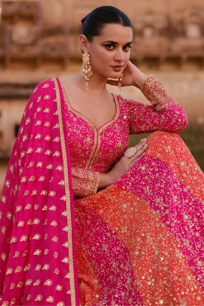 Pink and Orange Colour Gerogette Semi Stitched Anarkali Suit SM1140449 A