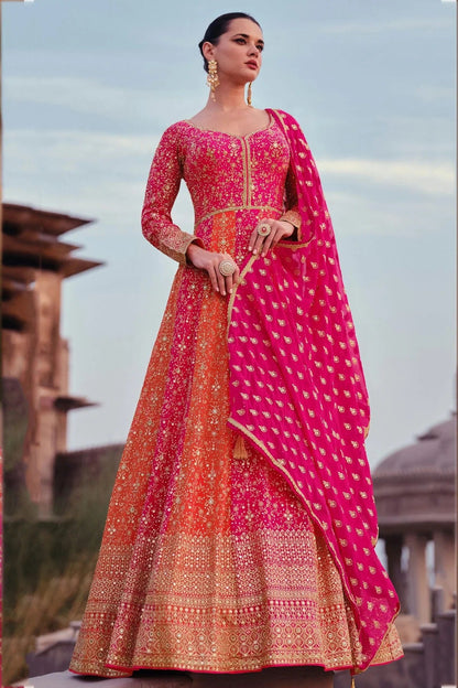 Pink and Orange Colour Gerogette Semi Stitched Anarkali Suit SM1140449