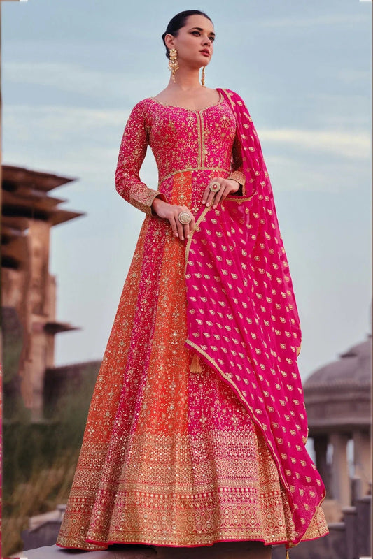Pink and Orange Colour Gerogette Semi Stitched Anarkali Suit SM1140449
