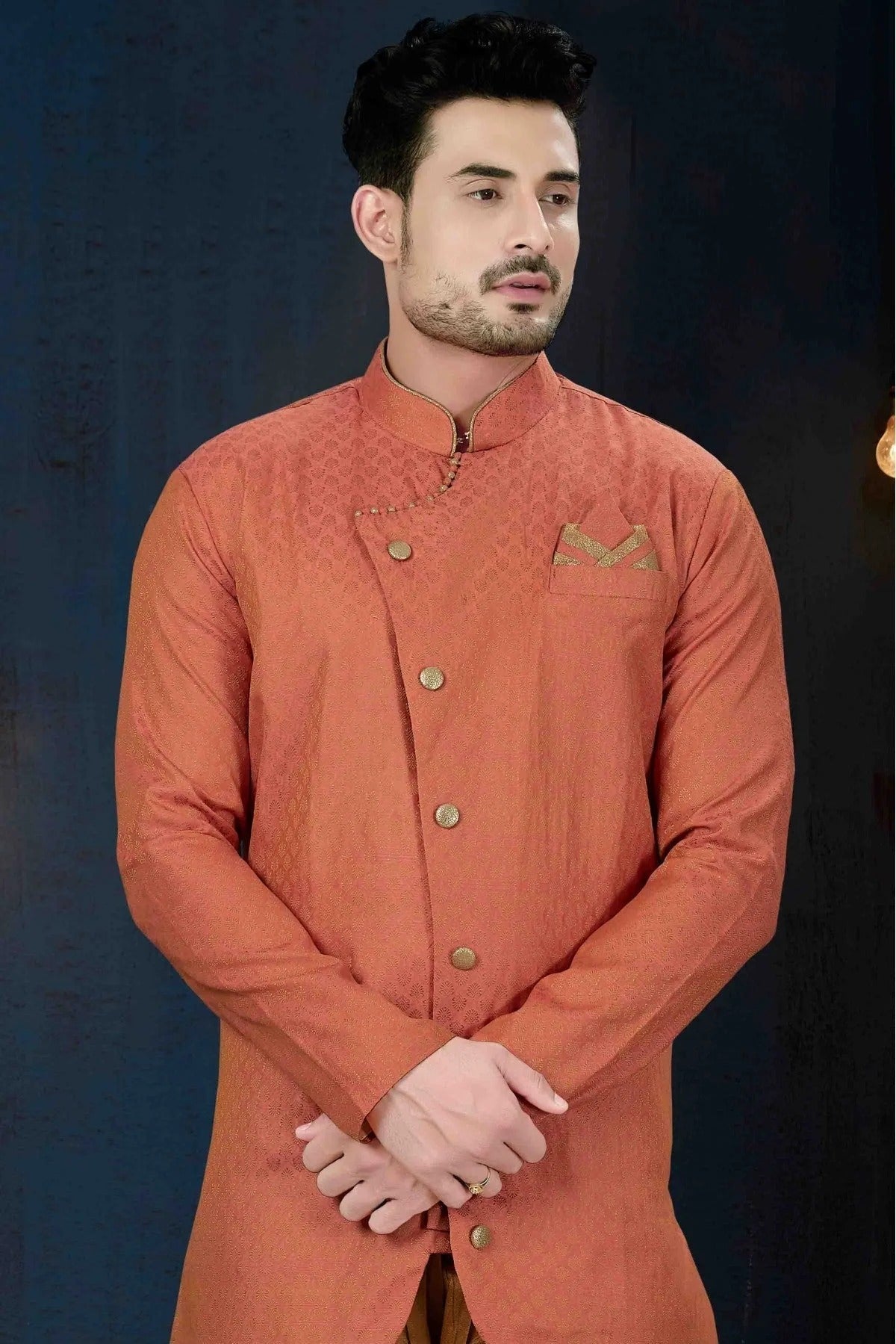 Pink and Red Colour Jacquard Slub Party Wear Dhoti Sherwani SH1040227 A