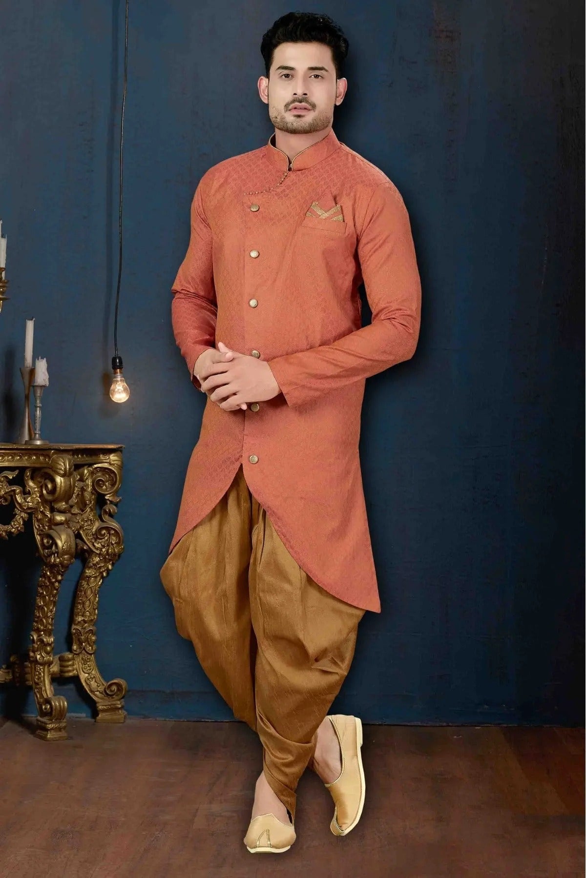 Pink and Red Colour Jacquard Slub Party Wear Dhoti Sherwani SH1040227