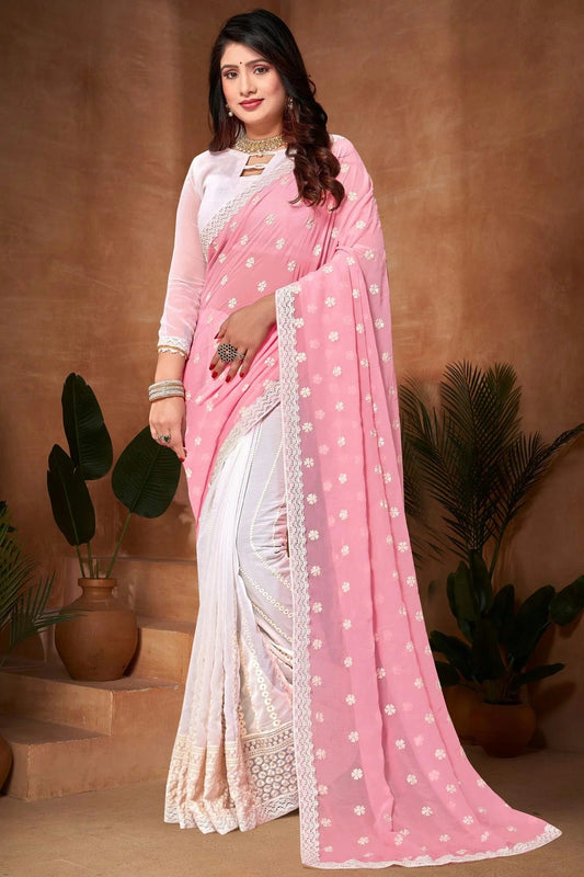 Pink and White Colour Georgette Half N Half Saree SD1091191