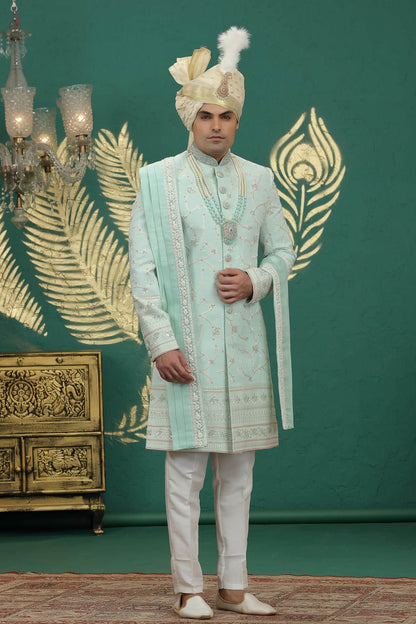 Pista Green Colour Art Silk Embroidery Sherwani