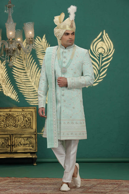 Pista Green Colour Art Silk Embroidery Sherwani