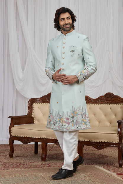 Pista Green Colour Art Silk Embroidery Work Indo Western Sherwani SH1230595