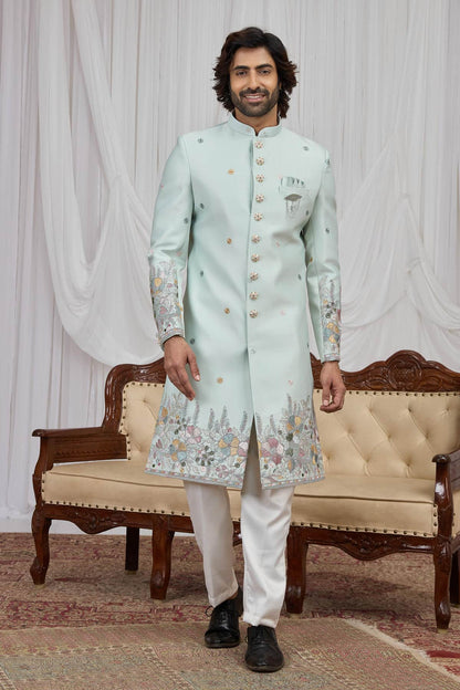 Pista Green Colour Art Silk Embroidery Work Indo Western Sherwani SH1230595