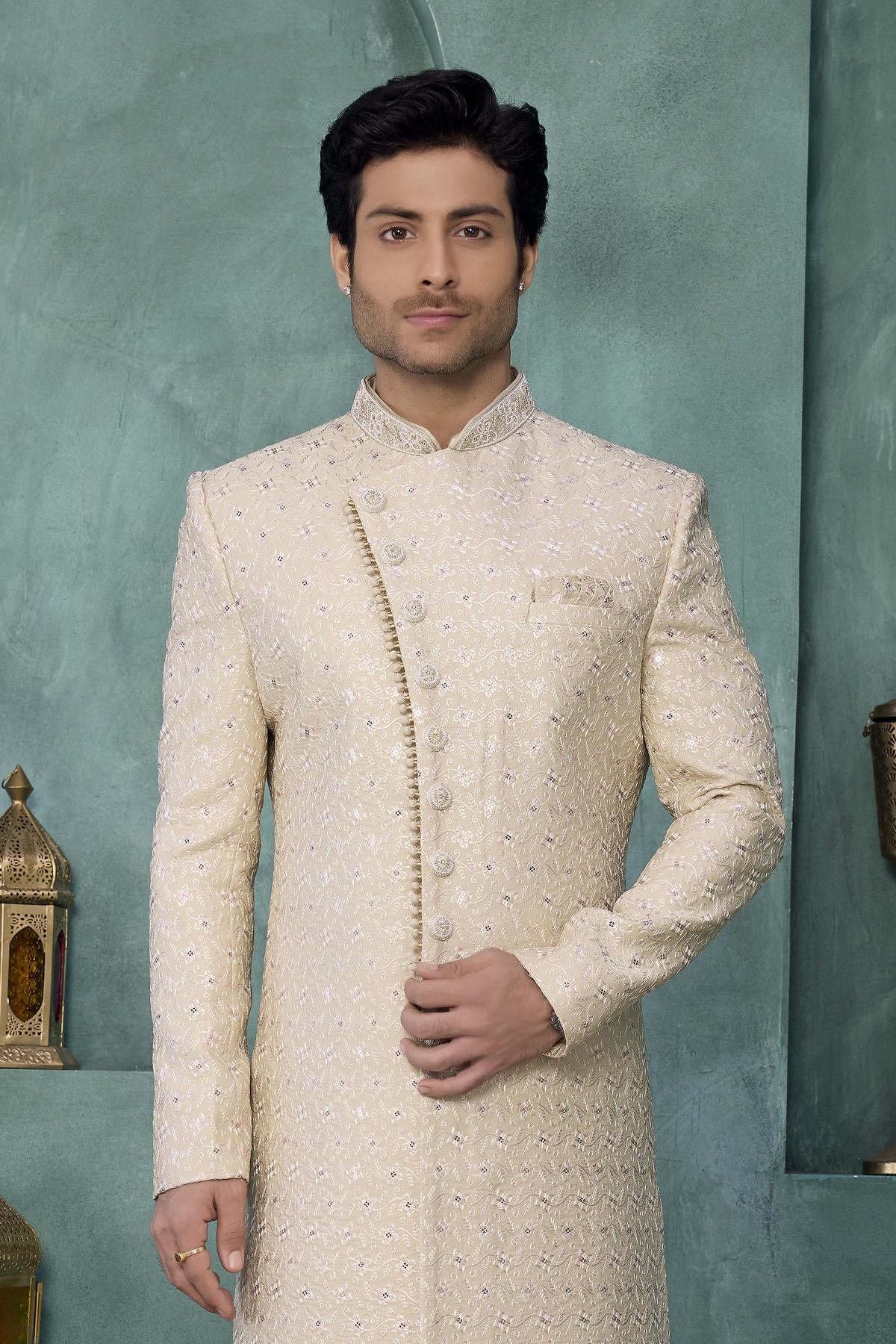 Pista Green Colour Art Silk Embroidery Work Sherwani