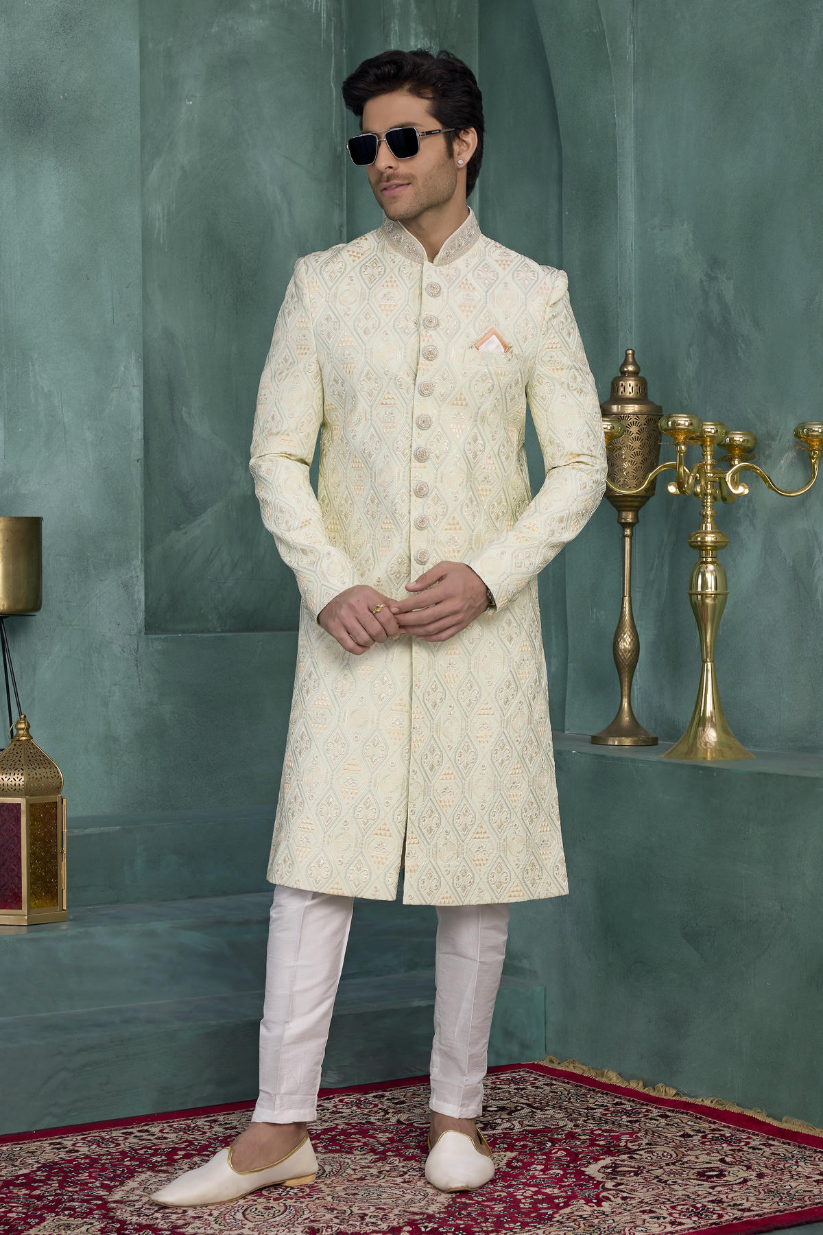 Pista Green Colour Art Silk Embroidery Work Sherwani