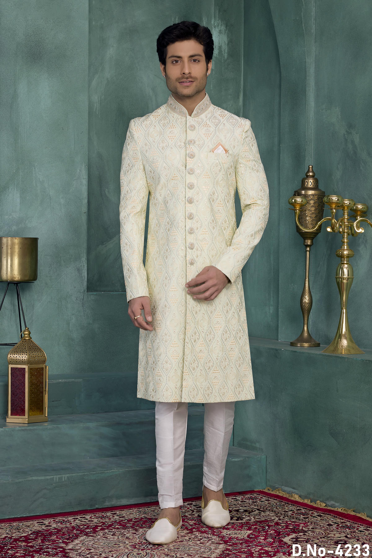 Pista Green Colour Art Silk Embroidery Work Sherwani