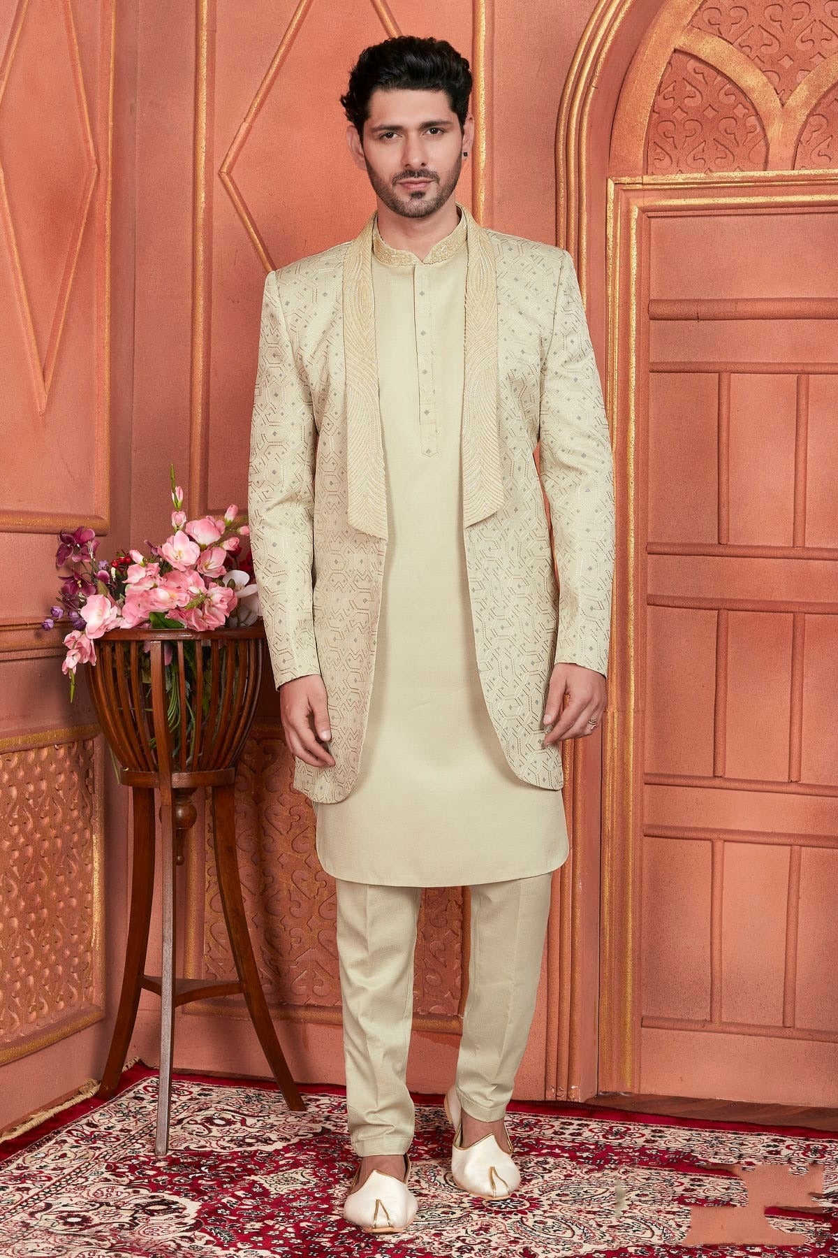 Pista Green Colour Art Silk Indowestern Sherwani With Aligadhi Pant SH1230003
