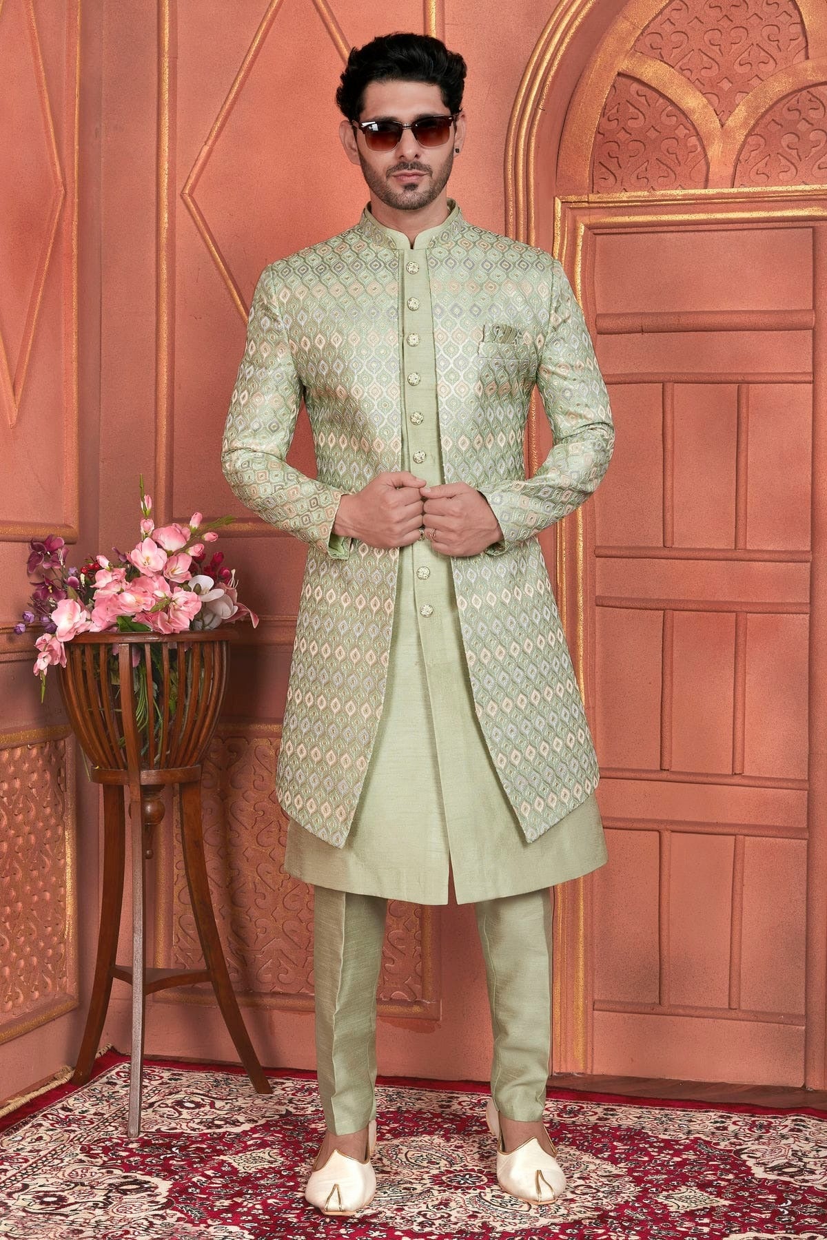 Pista Green Colour Art Silk Indowestern Sherwani With Aligadhi Pant SH1230005 A