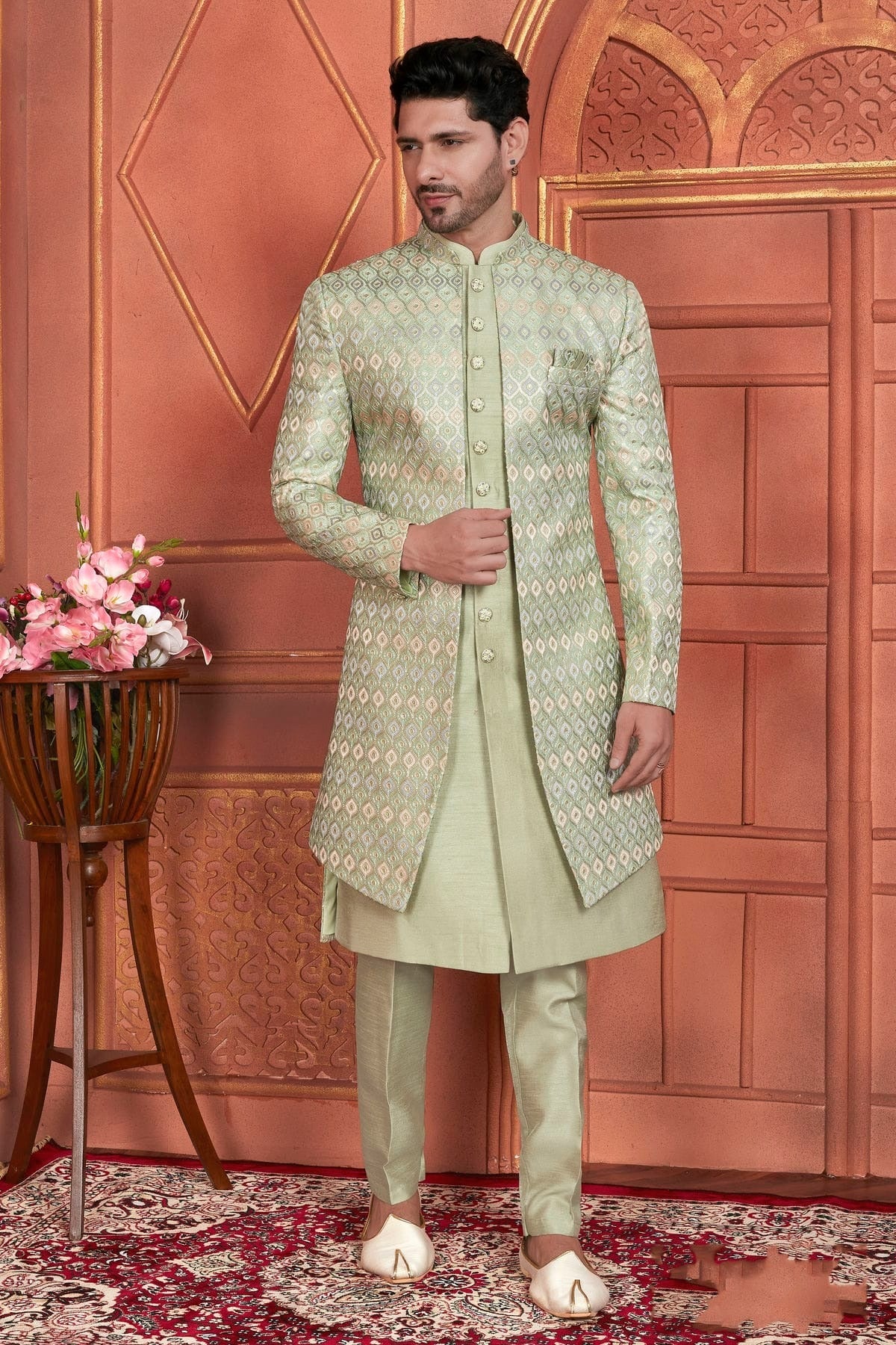 Pista Green Colour Art Silk Indowestern Sherwani With Aligadhi Pant SH1230005