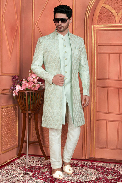 Pista Green Colour Art Silk Indowestern Sherwani With Aligadhi Pant SH1230009 A