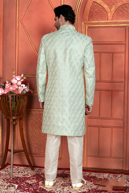 Pista Green Colour Art Silk Indowestern Sherwani With Aligadhi Pant SH1230009 B