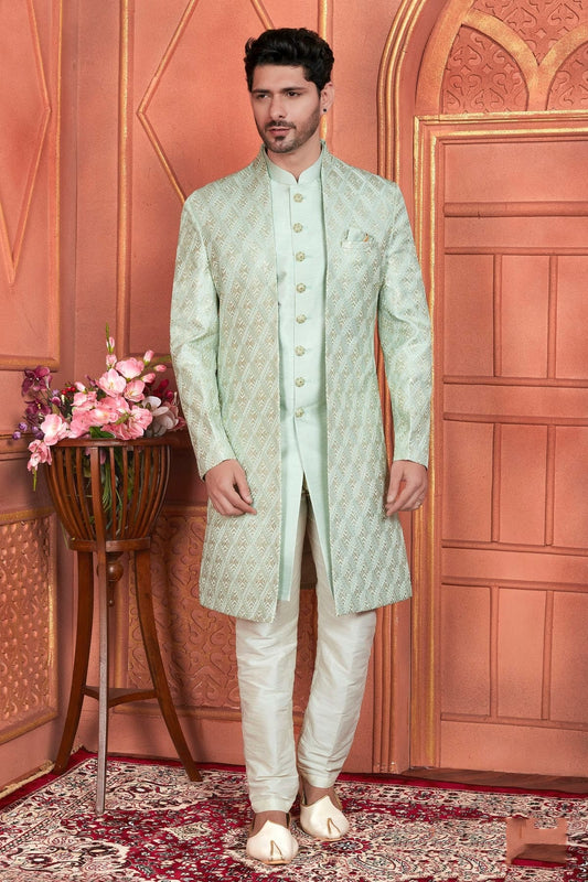 Pista Green Colour Art Silk Indowestern Sherwani With Aligadhi Pant SH1230009