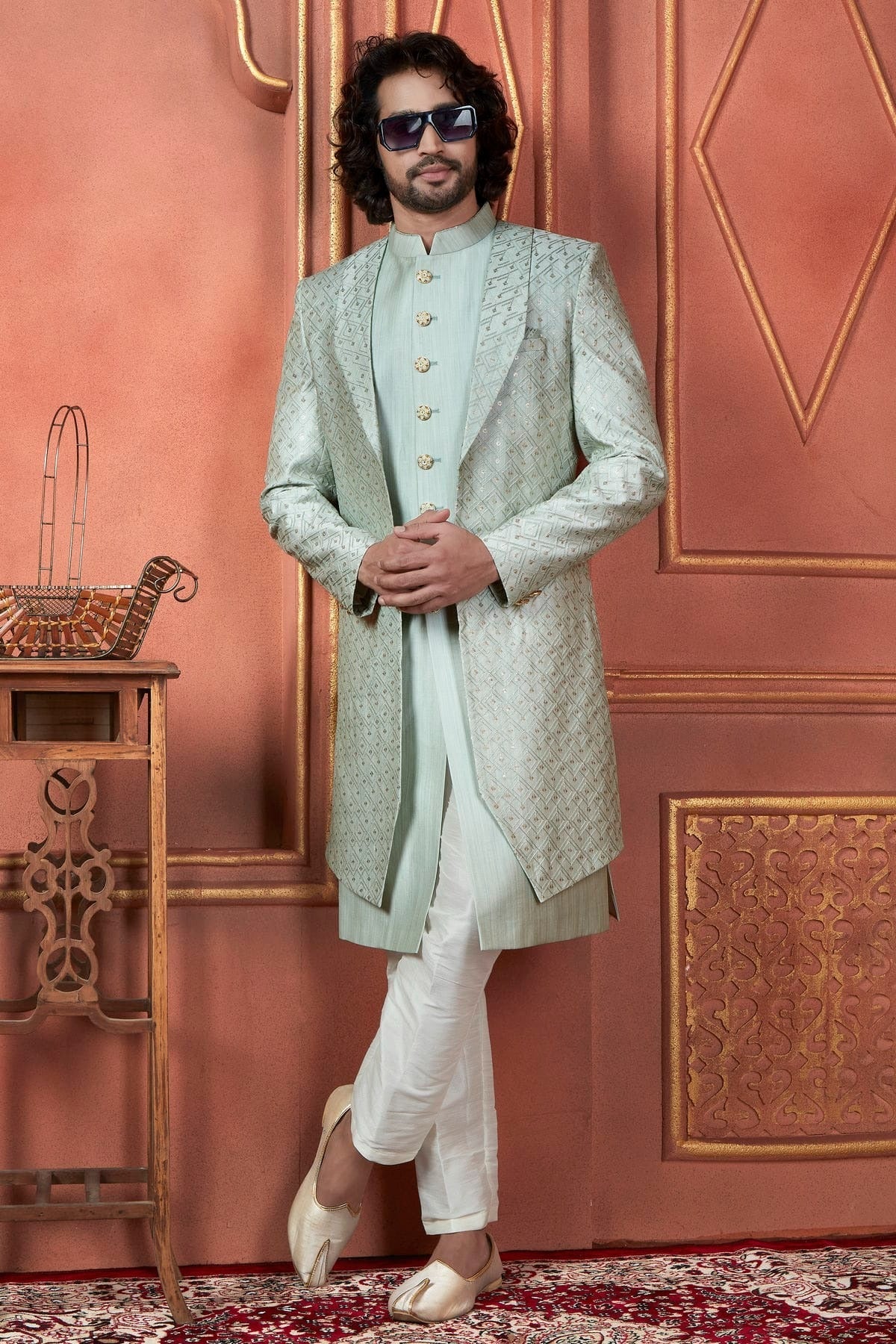 Pista Green Colour Art Silk Indowestern Sherwani With Aligadhi Pant SH1230089 A
