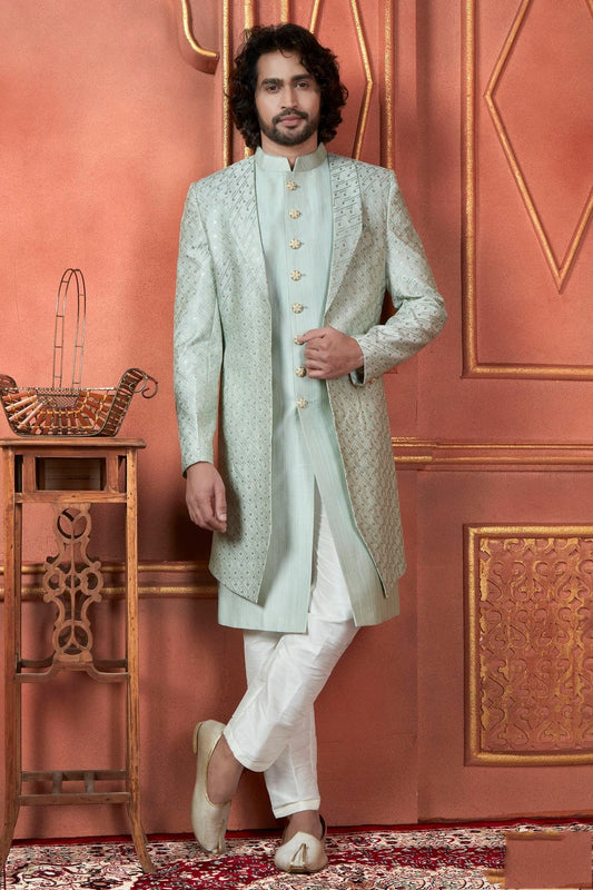 Pista Green Colour Art Silk Indowestern Sherwani With Aligadhi Pant SH1230089