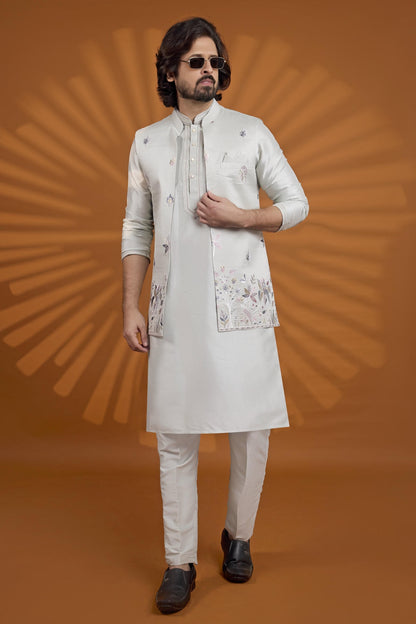 Pista Green Colour Art Silk Pintux Work Kurta Pajama With Jacket