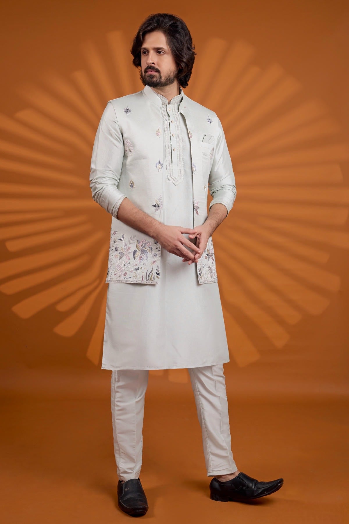 Pista Green Colour Art Silk Pintux Work Kurta Pajama With Jacket