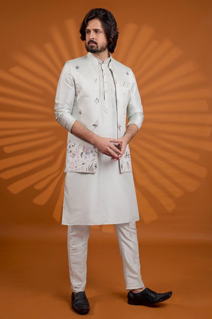 Pista Green Colour Art Silk Pintux Work Kurta Pajama With Jacket