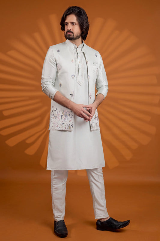 Pista Green Colour Art Silk Pintux Work Kurta Pajama With Jacket