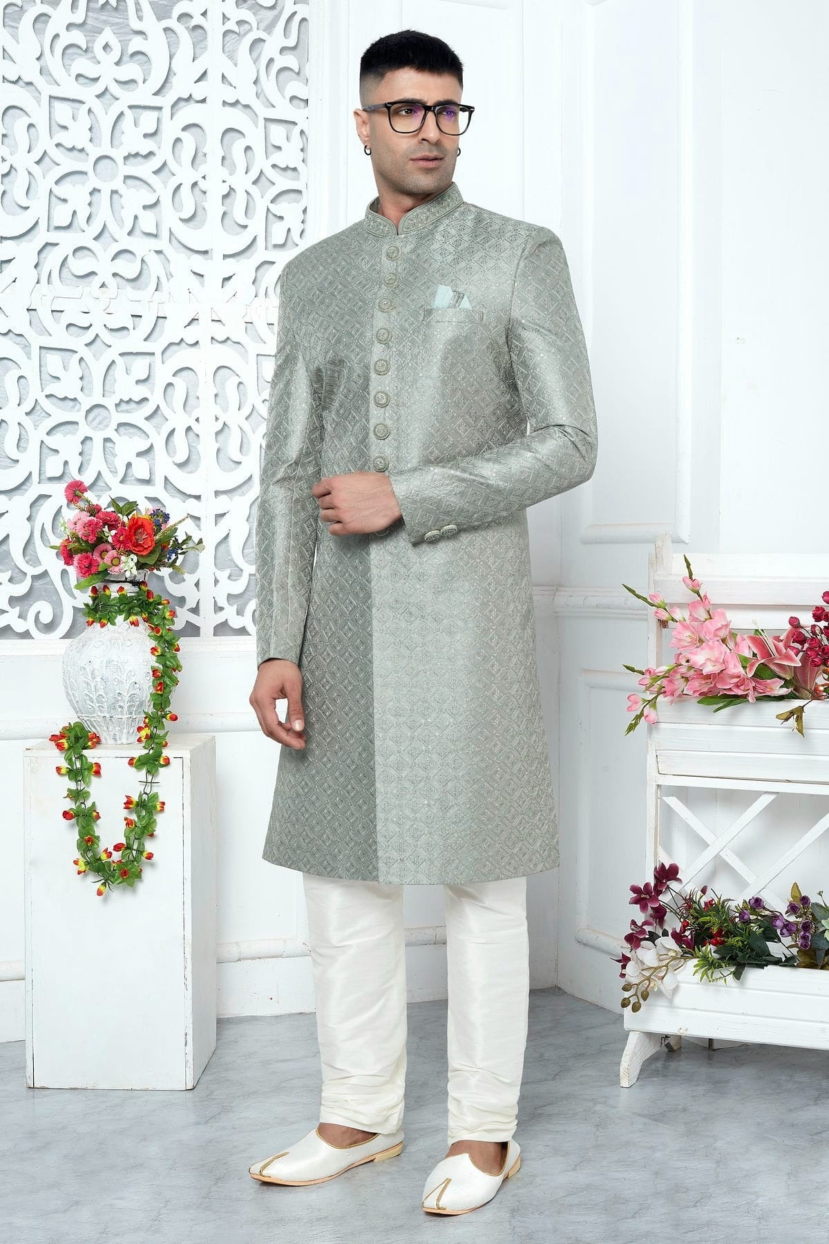 Pista Green Colour Art Silk Sherwani With Churidar Pant SH1230066 A