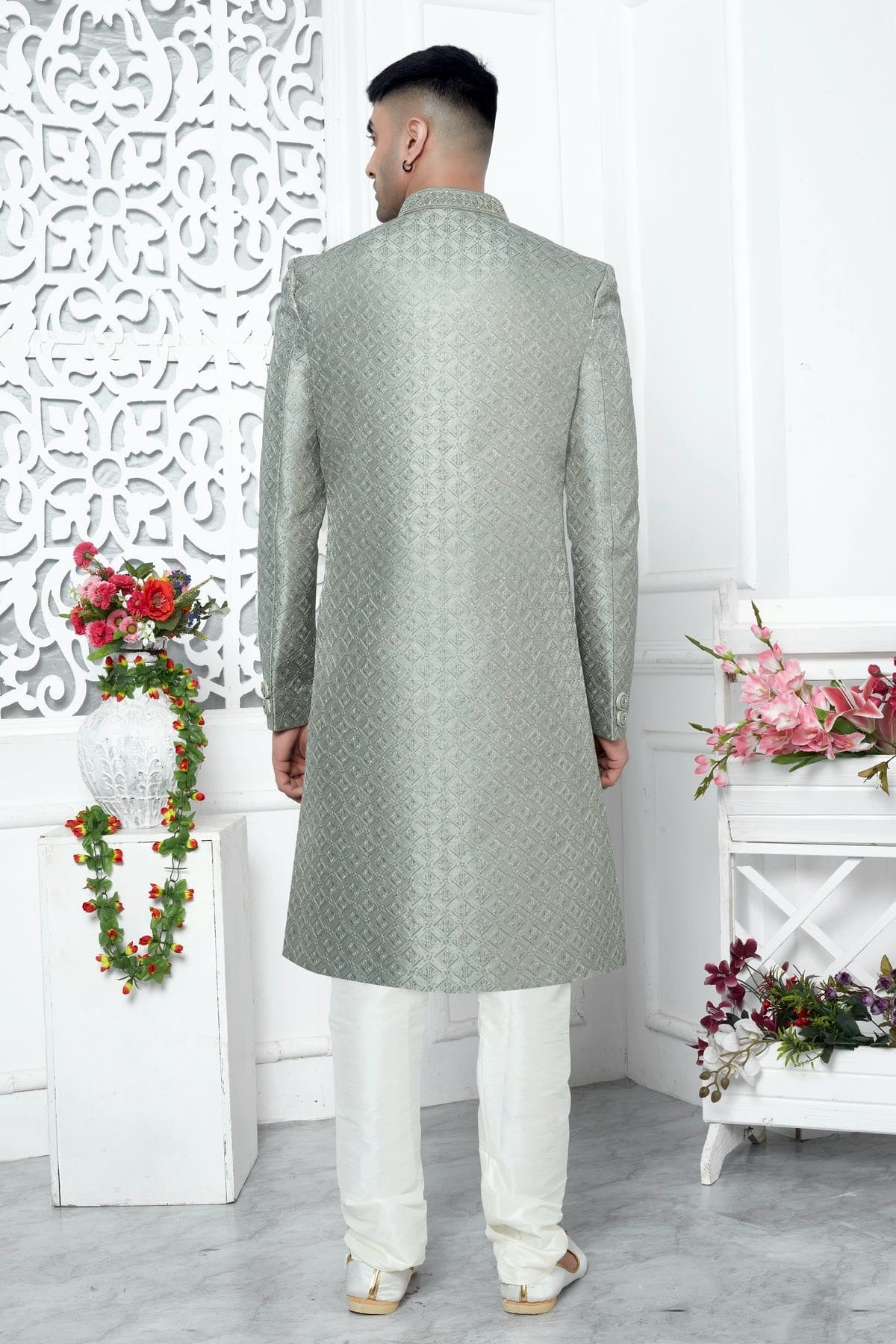 Pista Green Colour Art Silk Sherwani With Churidar Pant SH1230066 B