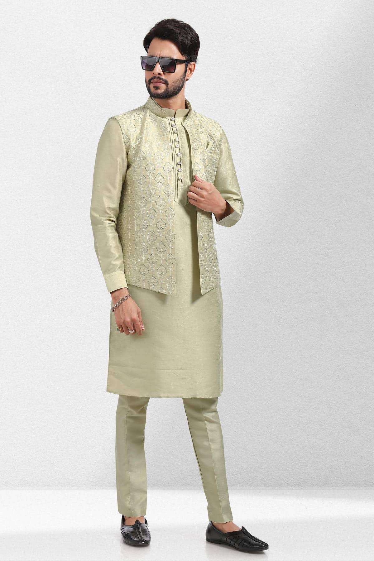 Pista Green Colour Art Silk Thread Work Kurta Pajama With Jacket
