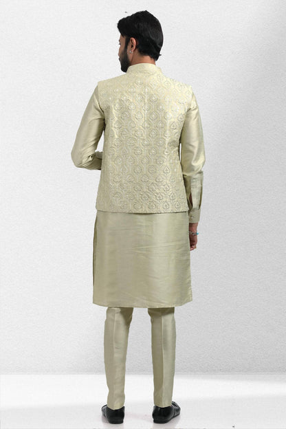Pista Green Colour Art Silk Thread Work Kurta Pajama With Jacket