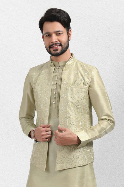 Pista Green Colour Art Silk Thread Work Kurta Pajama With Jacket