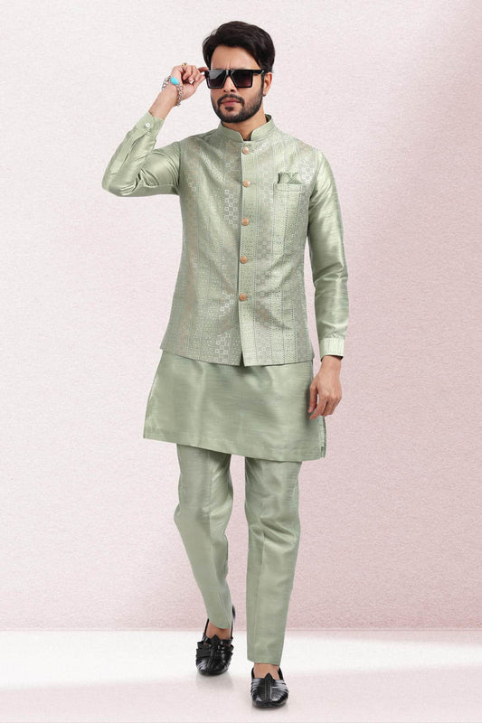 Pista Green Colour Art Silk Thread Work Kurta Pajama With Jacket