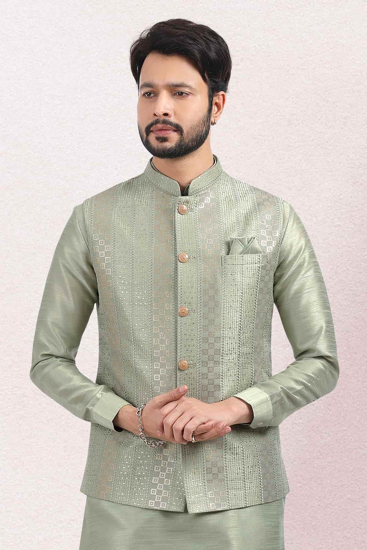 Pista Green Colour Art Silk Thread Work Kurta Pajama With Jacket