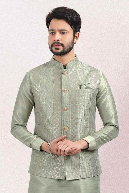 Pista Green Colour Art Silk Thread Work Kurta Pajama With Jacket