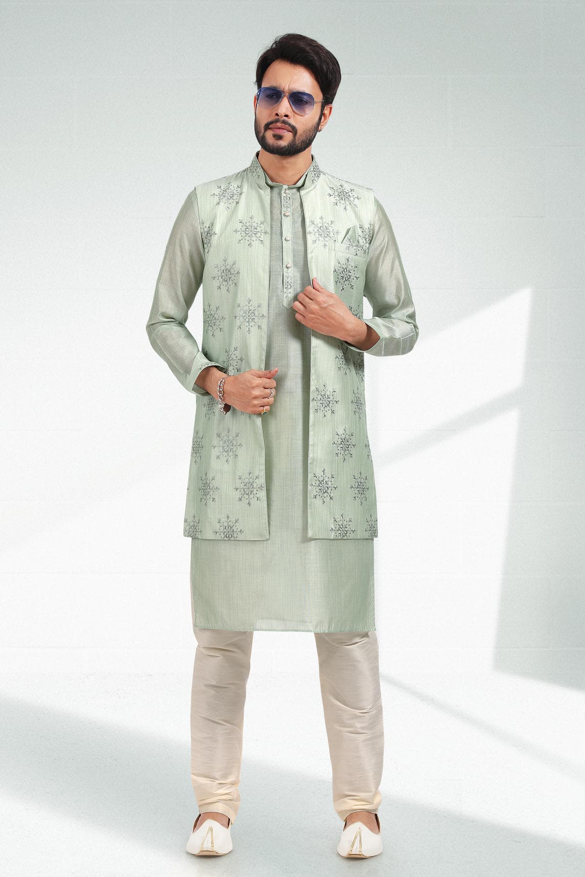 Pista Green Colour Art Silk Thread Work Kurta Pajama With Jacket
