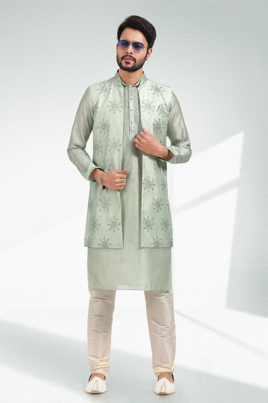 Pista Green Colour Art Silk Thread Work Kurta Pajama With Jacket