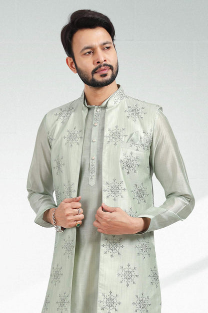 Pista Green Colour Art Silk Thread Work Kurta Pajama With Jacket