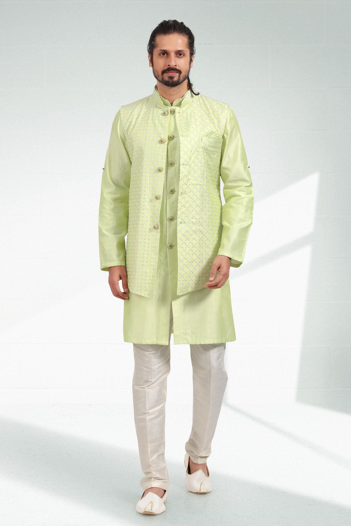 Pista Green Colour Art Silk Thread Work Kurta Pajama With Jacket