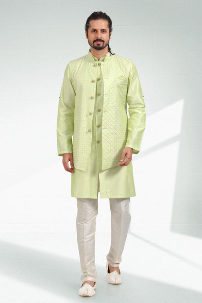 Pista Green Colour Art Silk Thread Work Kurta Pajama With Jacket